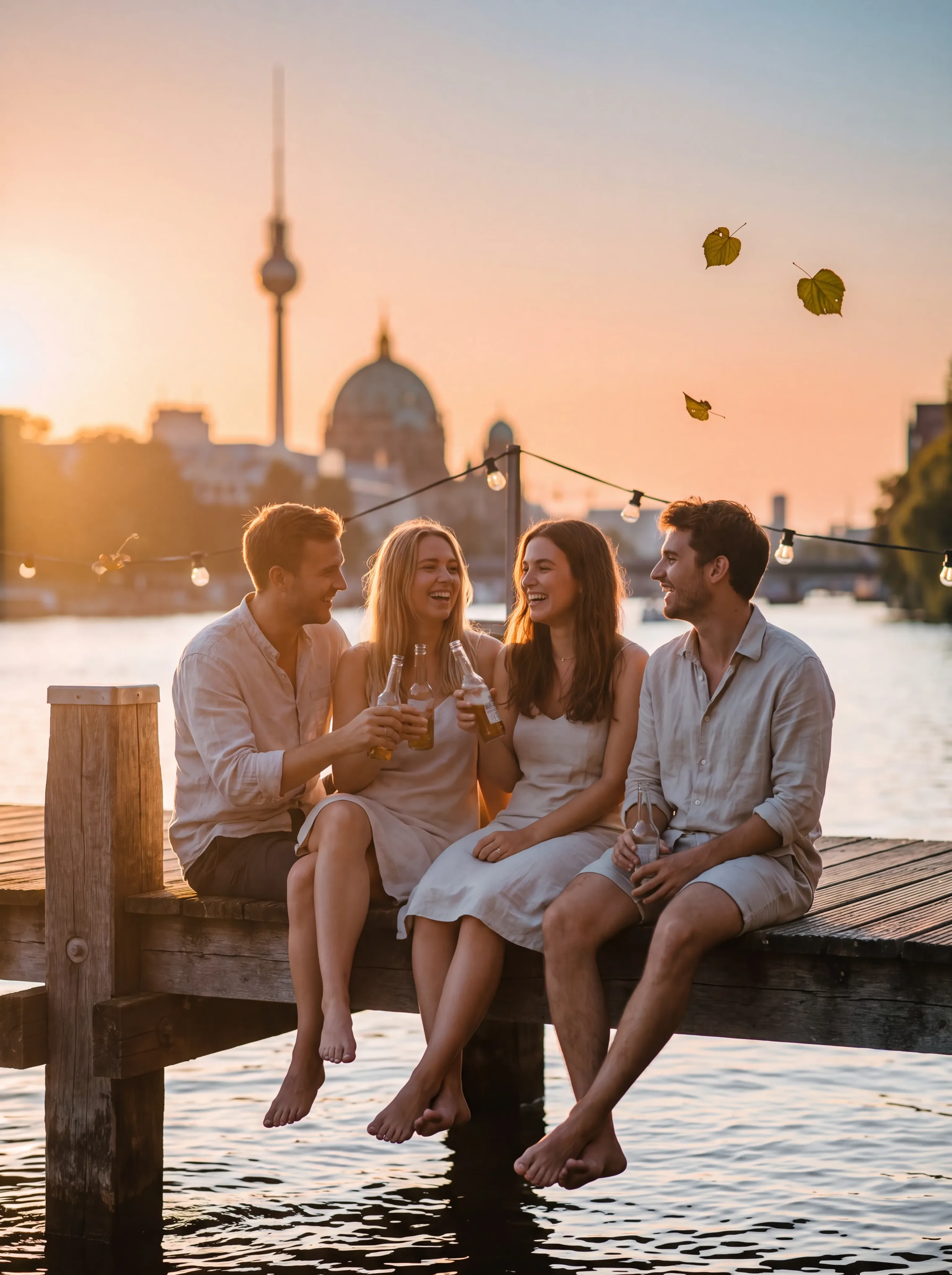 Freunde stoßen am Spreeufer in Berlin auf den Spätsommer an